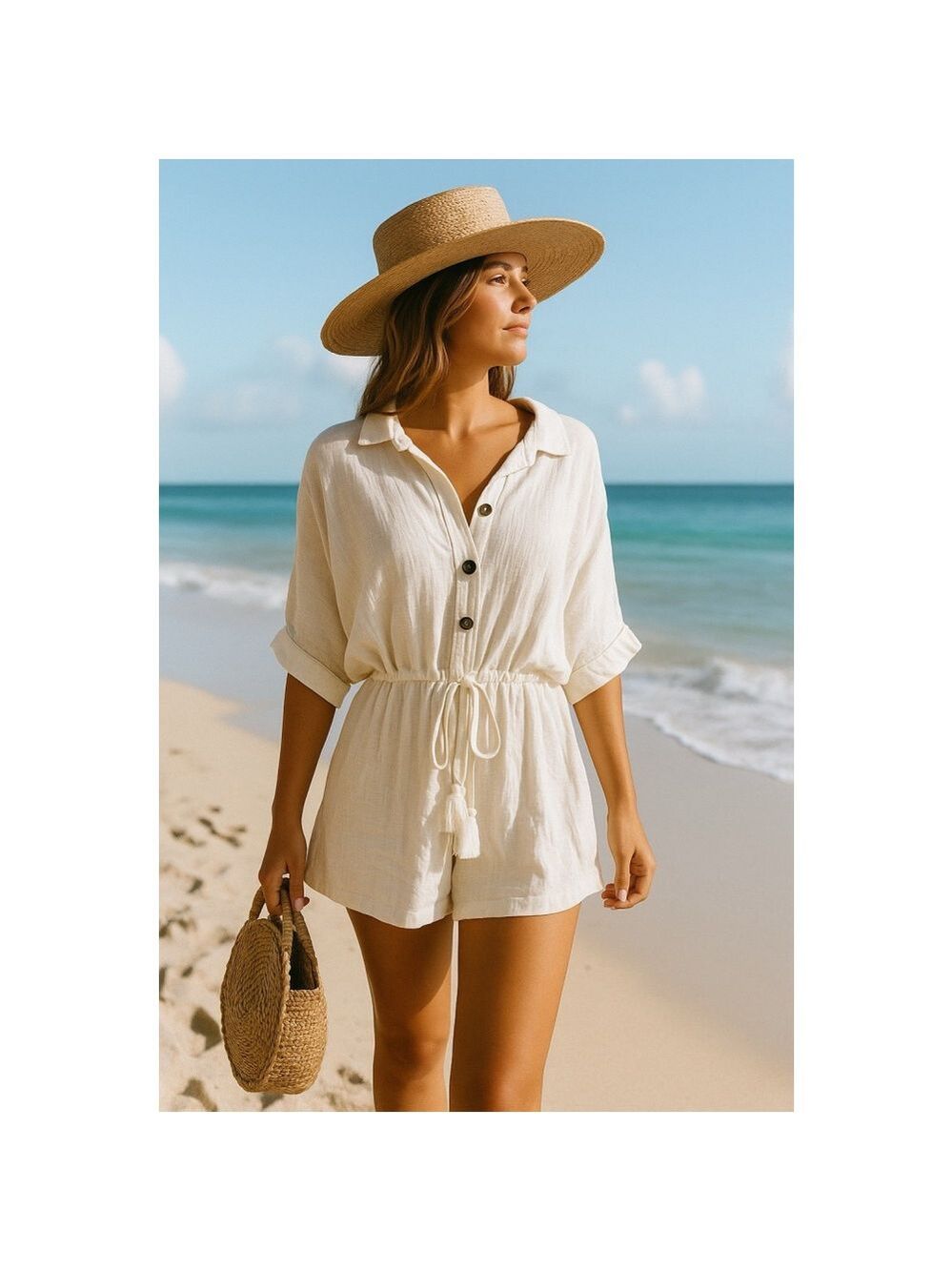 Palms Away Linen Shorts Romper Large White Buttons Ruffled Tassels Beach Boho